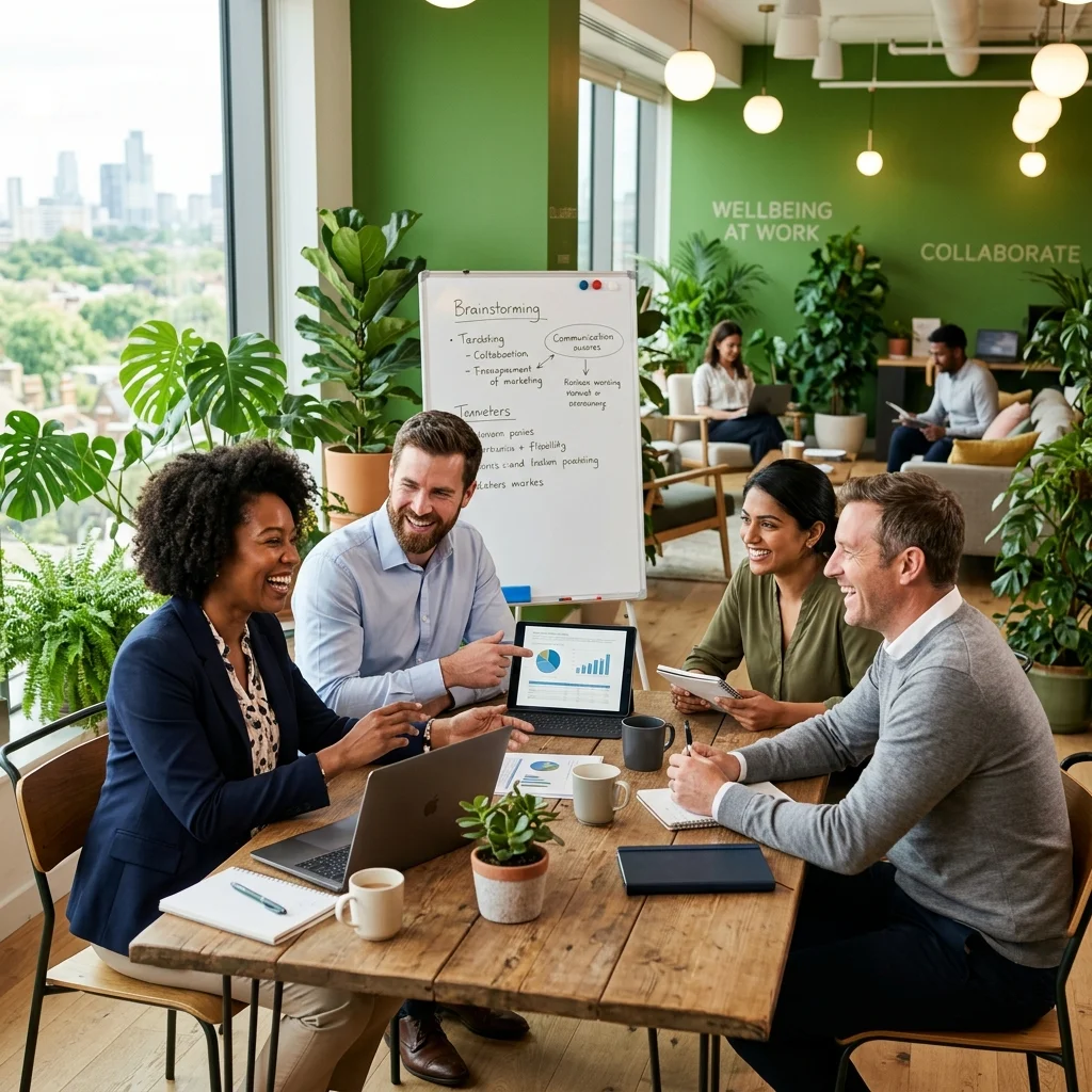 Ambiente de trabalho positivo representando bem-estar e saúde mental