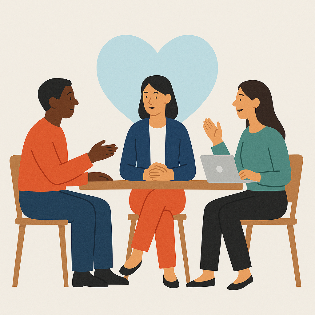 Ambiente organizacional humanizado com líderes e colaboradores em interação positiva. humanização das organizações